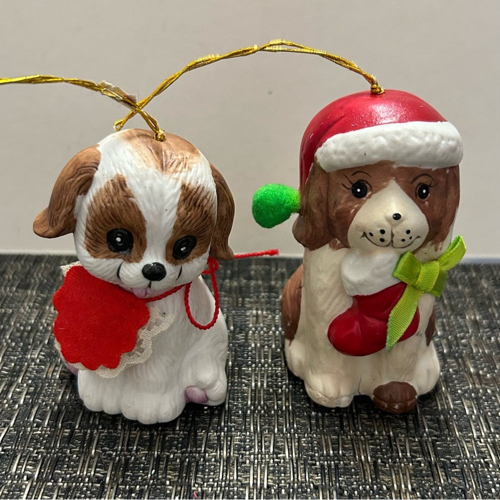 Vintage Ceramic Dogs Christmas Ornaments Giftco & Jasco Bells Set